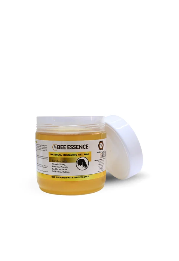 Bee Essence Natural Moulding Gel Wax 500g container designed for strong hair styling, made with natural ingredients including honey, beeswax, and propolis.